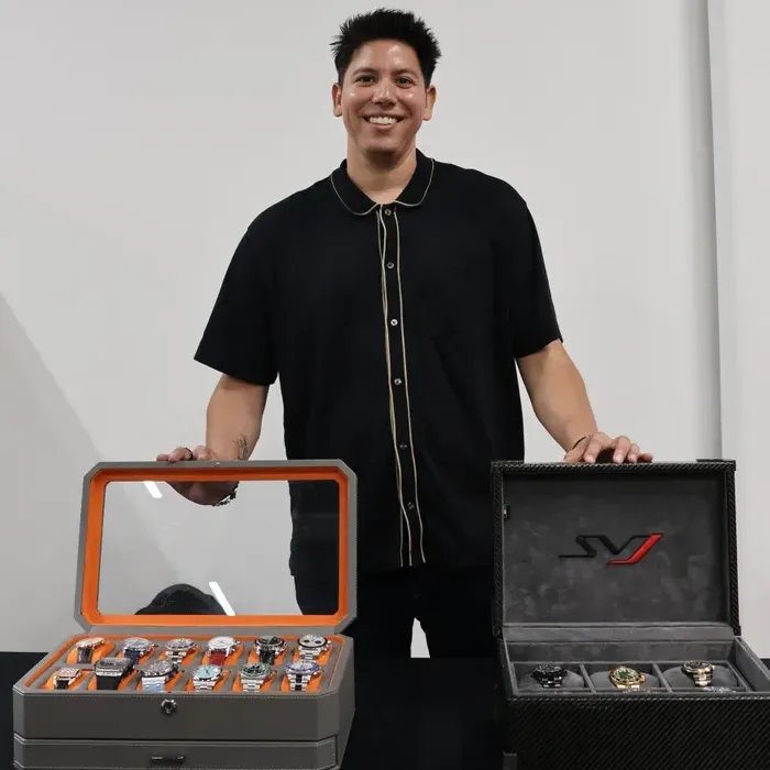 Albert, Founder of Sanctum Timepieces, with pieces from the collection