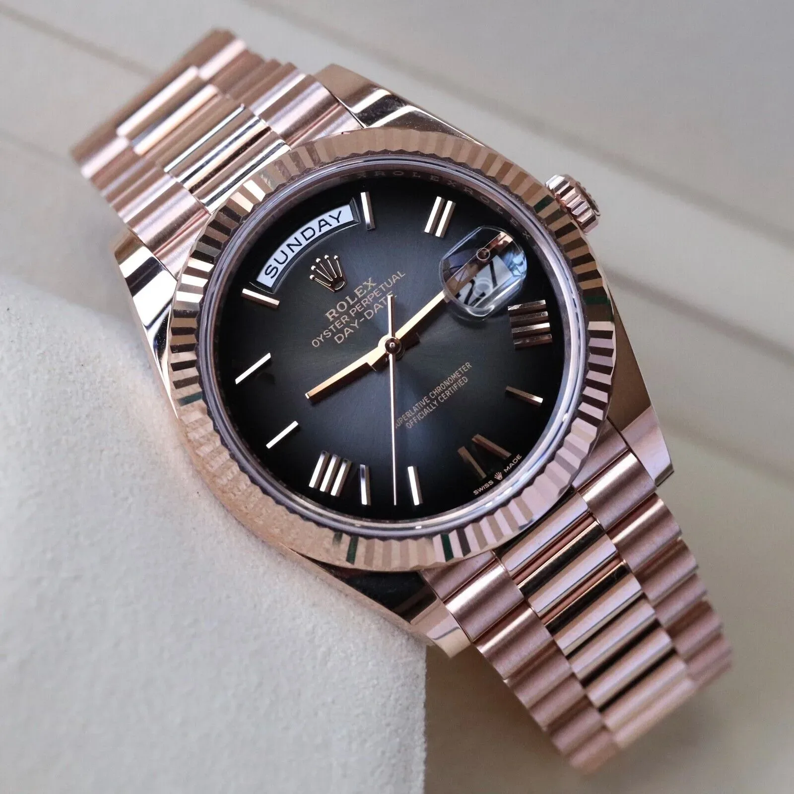 Rolex Day Date 40 Slate Ombre Gradient 18k Rose Gold Roman Smoked Dial